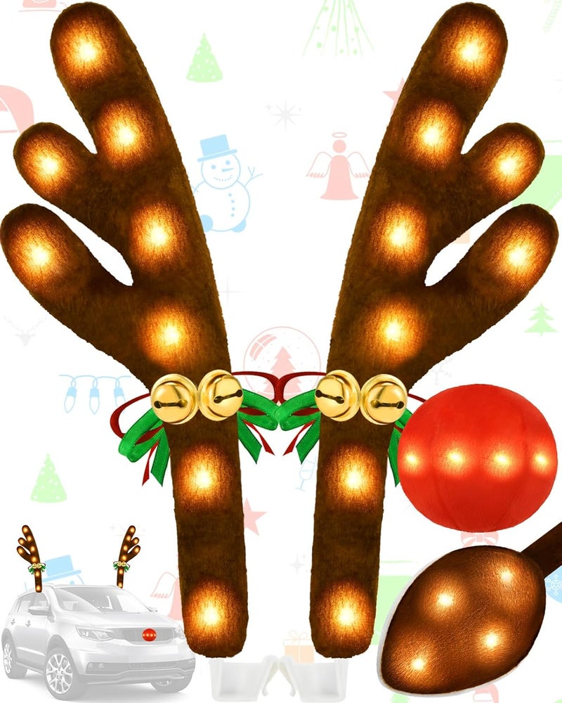 Dergo Christmas Reindeer Antlers Car Decoration Kit with LED Warm White Lights, Vehicle Christmas Car Kit with Jingle Bells Rudolph Reindeer and Nose, Tail for The Trunk - Image 1
